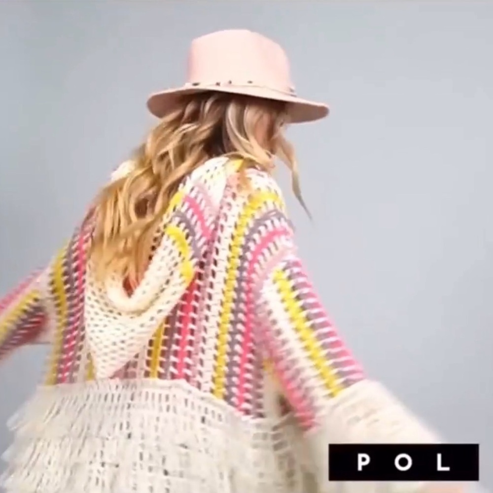 POL Openwork Crochet Fringe Cardigan in Cream, Yellow & Pink Size Large Hooded - Picture 2 of 9